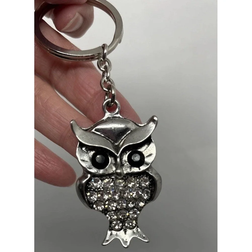 Metal Silver Color Own Keychain Rhinestones Black Onyx Eyes Purse‎ Key Fob